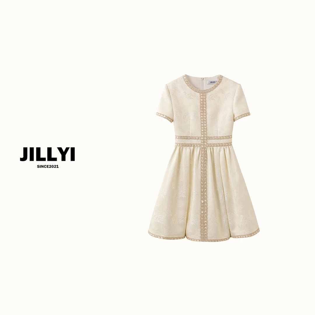 JILLYI南山店【古典少女】香槟色圆领编织工艺气质连衣裙