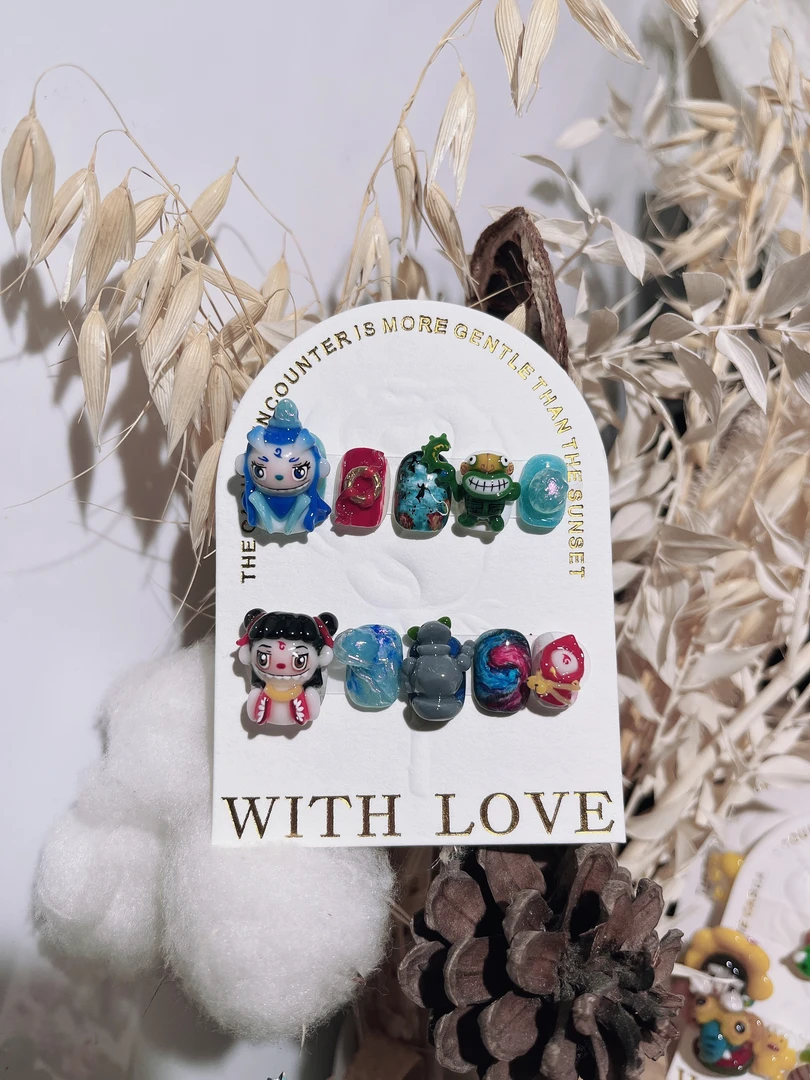 《哪吒》董董纯手工穿戴甲甲片红色显白新款美甲立体纯手工小清新