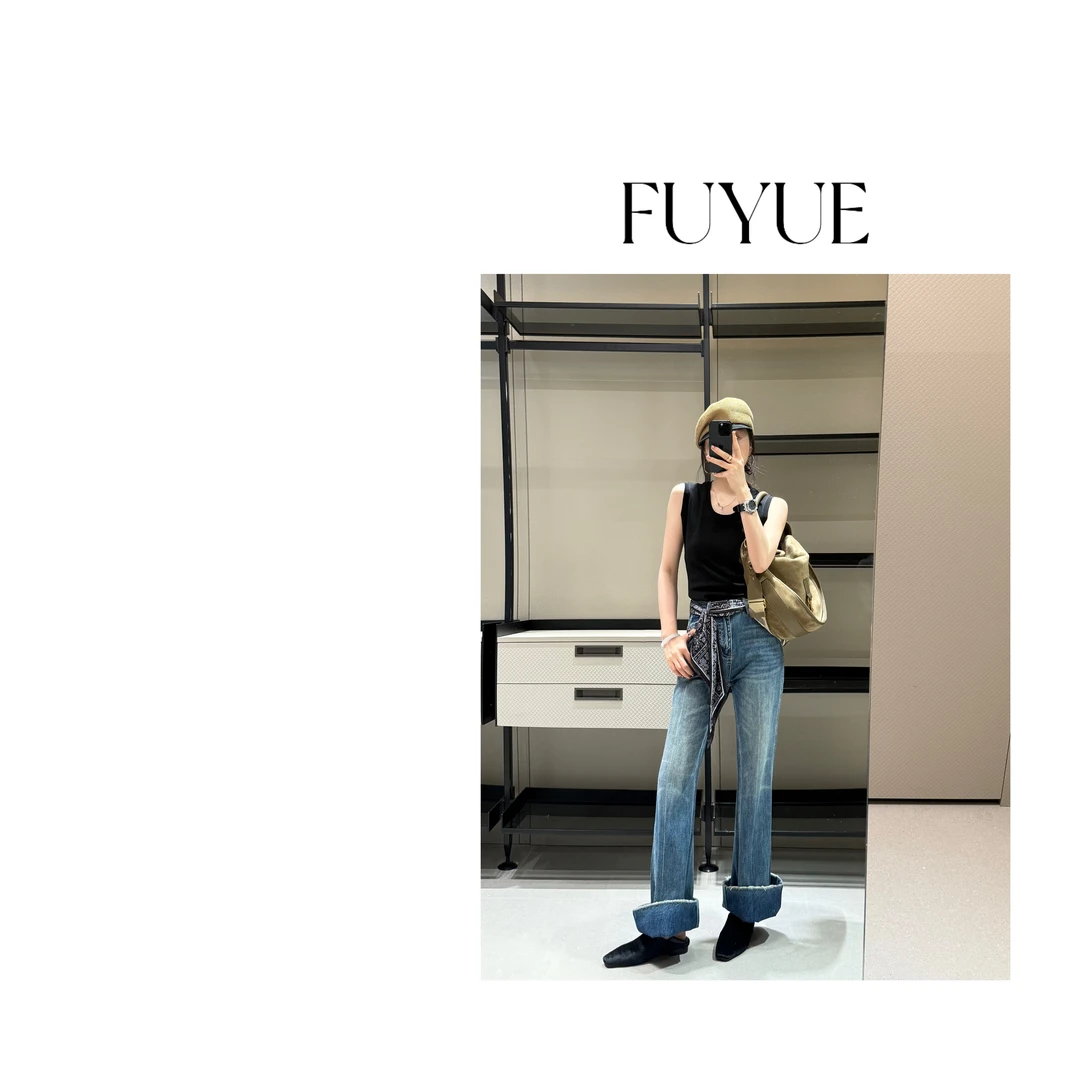 FUYUE赴约 品质蓝色挽边牛仔裤时尚休闲百搭秋季小众弹力