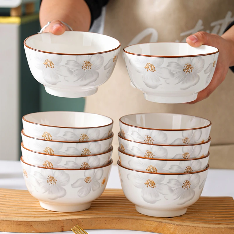 10个装陶瓷碗家用米饭碗4.5英寸吃饭碗高颜值瓷碗2025年新款餐具