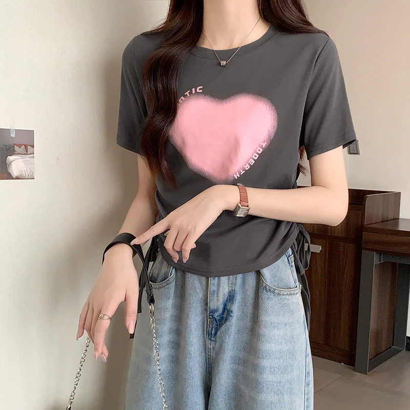 2025新款爱心印花短袖t恤女夏季设计感抽绳短款欲辣妹洋气上衣