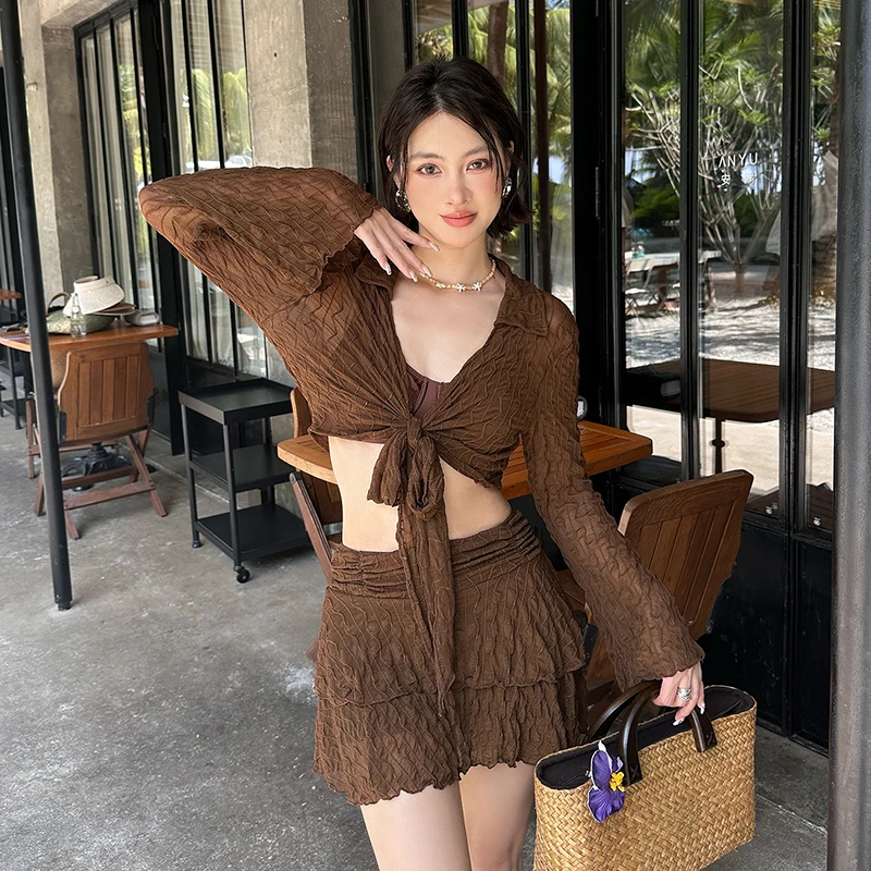 泳衣女裙式分体钢托三件套长袖罩衫显瘦大码胖mm遮肉200斤泡温泉