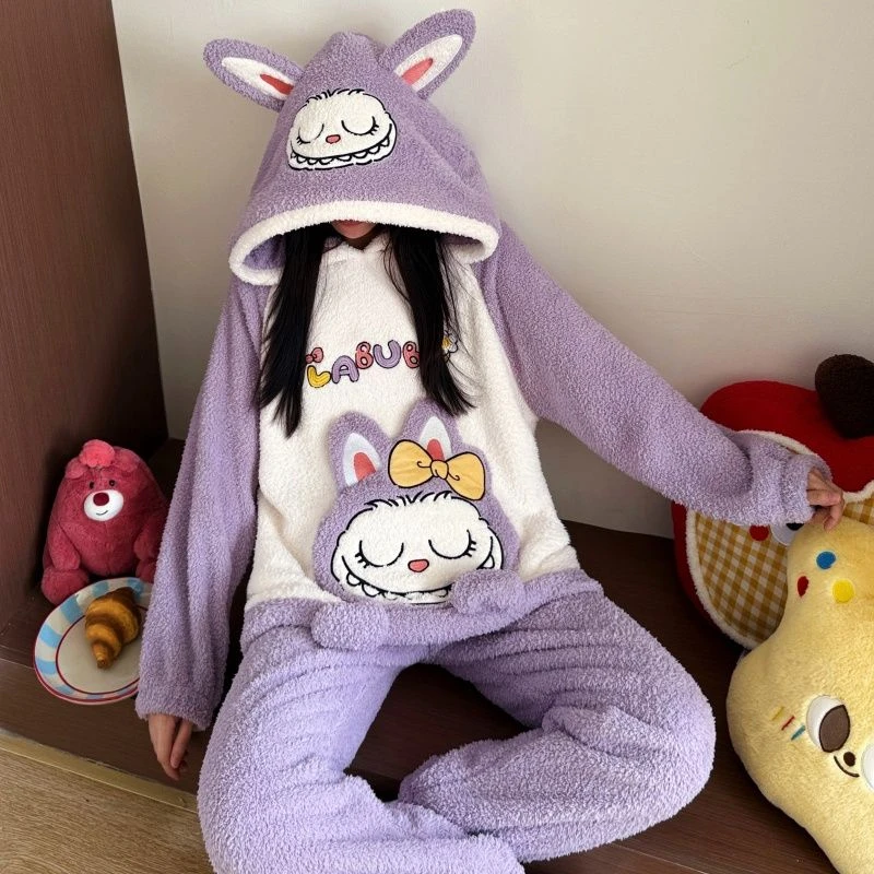 秋冬季保暖珊瑚绒少女宽松睡衣卡通连帽长袖学生家居服套装可外穿