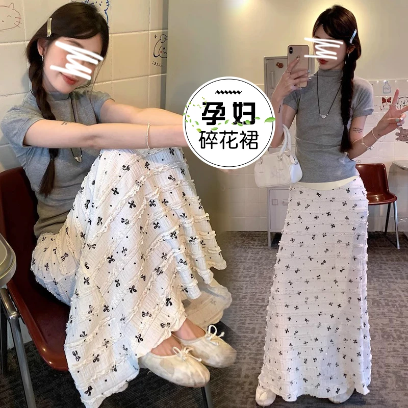 孕妇装2025夏季新款气质蕾丝碎花裙蝴蝶结托腹A字半身裙加长裙子