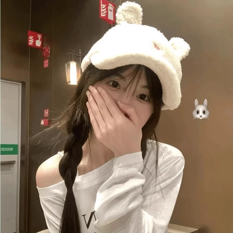 兔兔耳朵羊羔毛绒棒球帽女秋冬季女显脸小爱心可爱甜妹鸭舌帽G414
