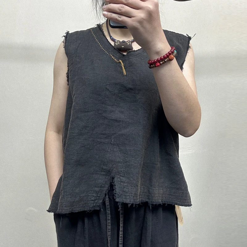 2025早春原创复古文艺显瘦毛边刺绣不规则亚麻马夹女长52 胸围120