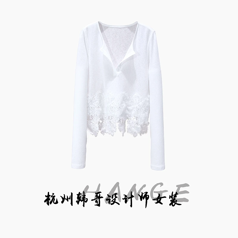 【韩哥女装】2025欧版新品象牙白拼接蕾丝下摆时尚高弹上衣8919-A2