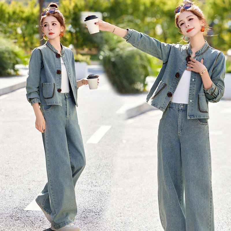 休闲时尚牛仔两件套装女春秋新款宽松显瘦上衣气质中式国风女装