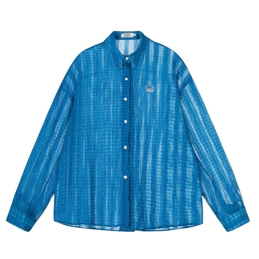 条纹薄款衬衫女夏季防晒透视网纱克莱因蓝长袖上衣