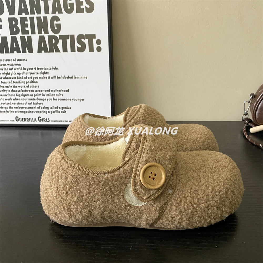 内增高加绒勃肯毛毛鞋女2025冬季新款厚底百搭外穿保暖魔术贴棉鞋