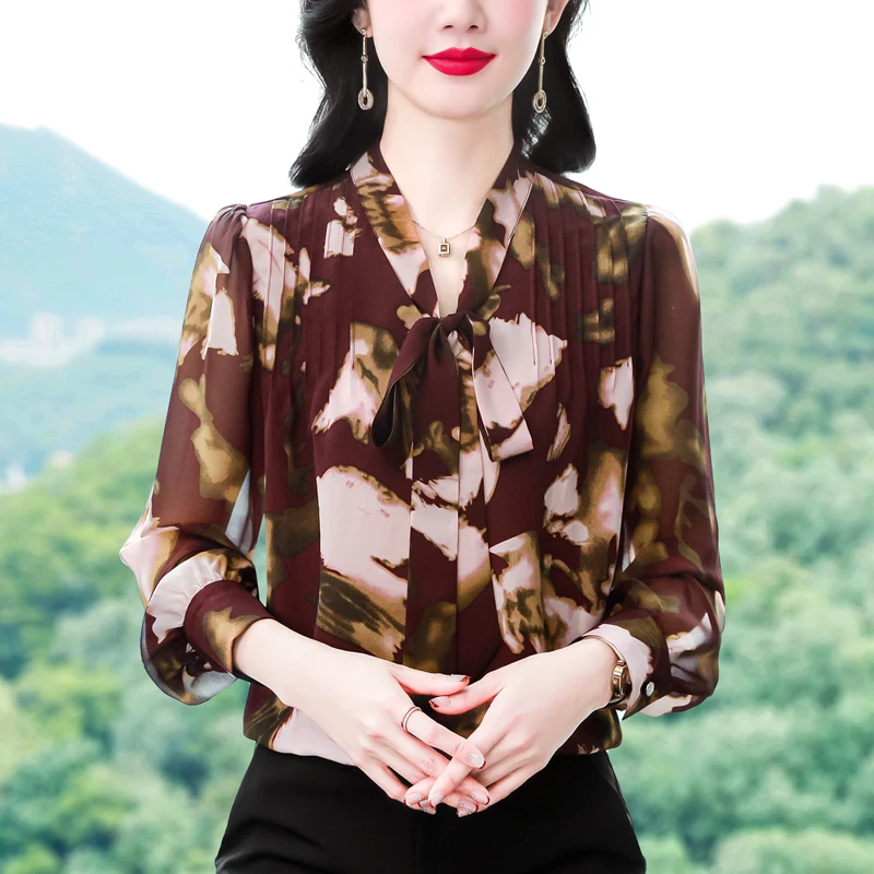 印花蝴蝶结雪纺衬衫女长袖春季新款时尚百搭显瘦气质碎花上衣