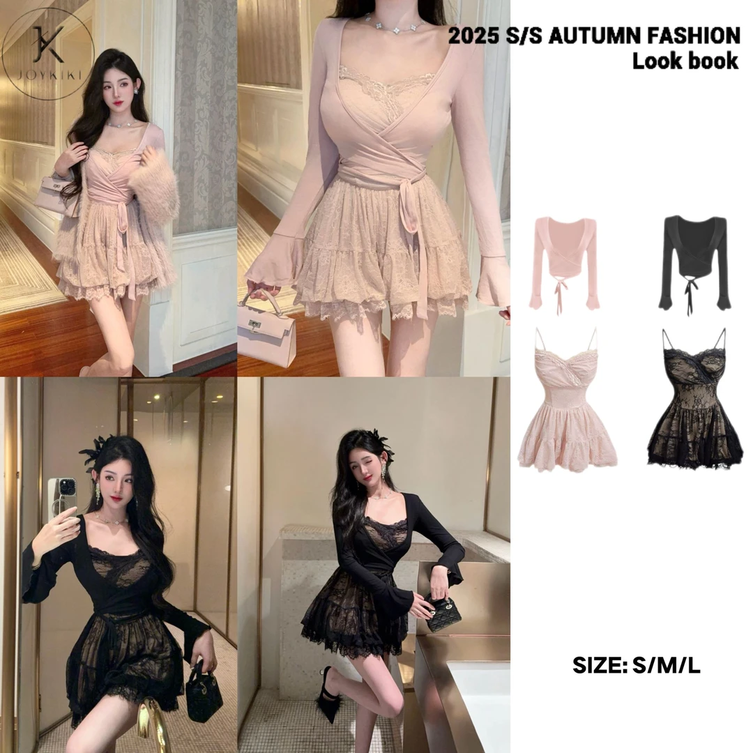 JOYKIKI金金【安妮心事】气质纯欲拼接蕾丝设计连衣裙套装J25C435