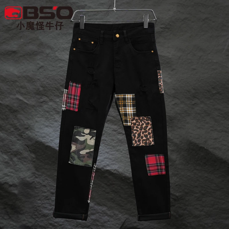 小魔怪秋冬款黑色补丁牛仔裤男款潮牌修身小直筒百搭弹力长裤子男