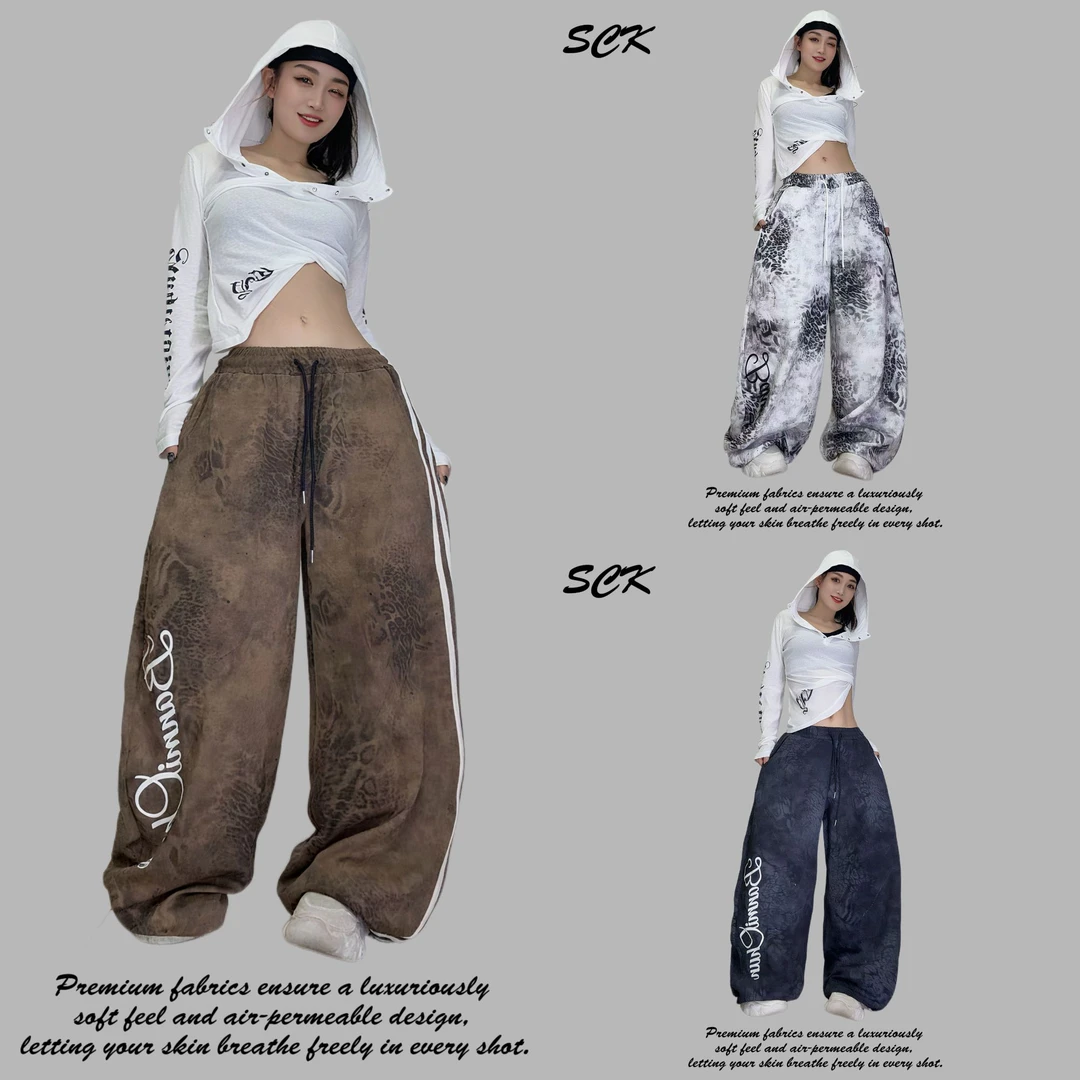 潮牌豹纹显瘦长裤阔腿休闲裤2582—（YL）