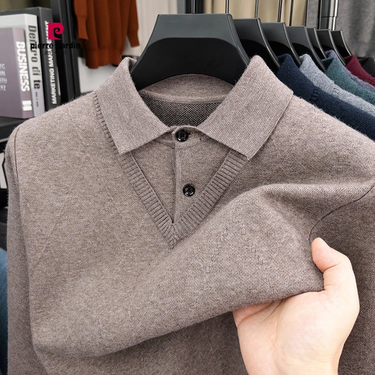 皮尔卡丹假两件毛衣男秋冬翻领爸爸装保暖打底衫针织套头纯色上衣