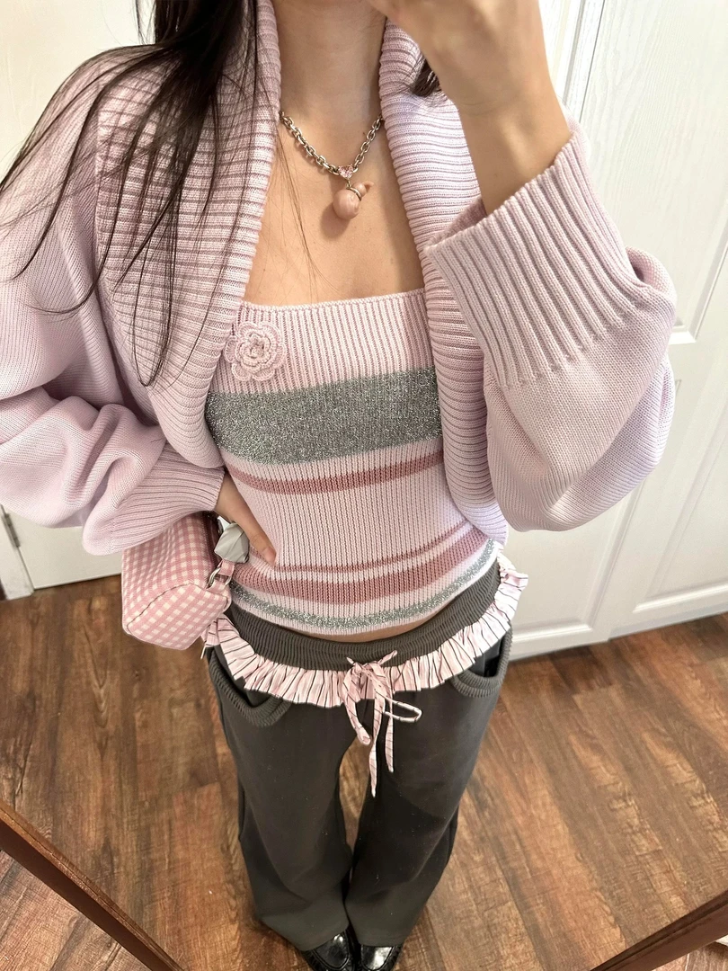 温柔甜美撞色吊带背心休闲百搭显瘦针织开衫外套套装女