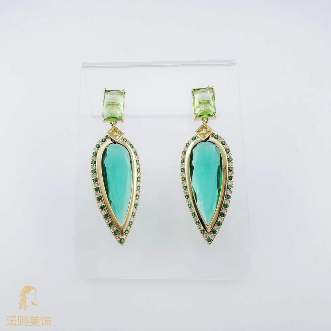 铜合金锆石耳饰 Y006时尚气质幻绿晶叶耳饰耳环