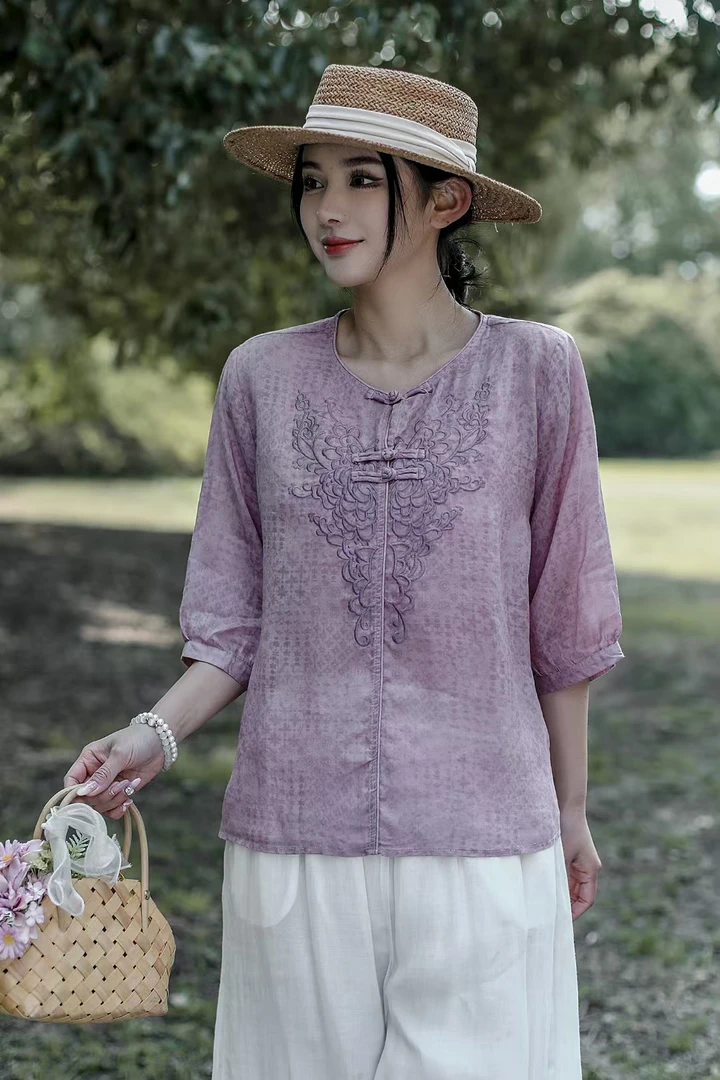 薄款植物花卉七分袖套头刺绣衬衫立领中国风纽扣九分袖吸汗