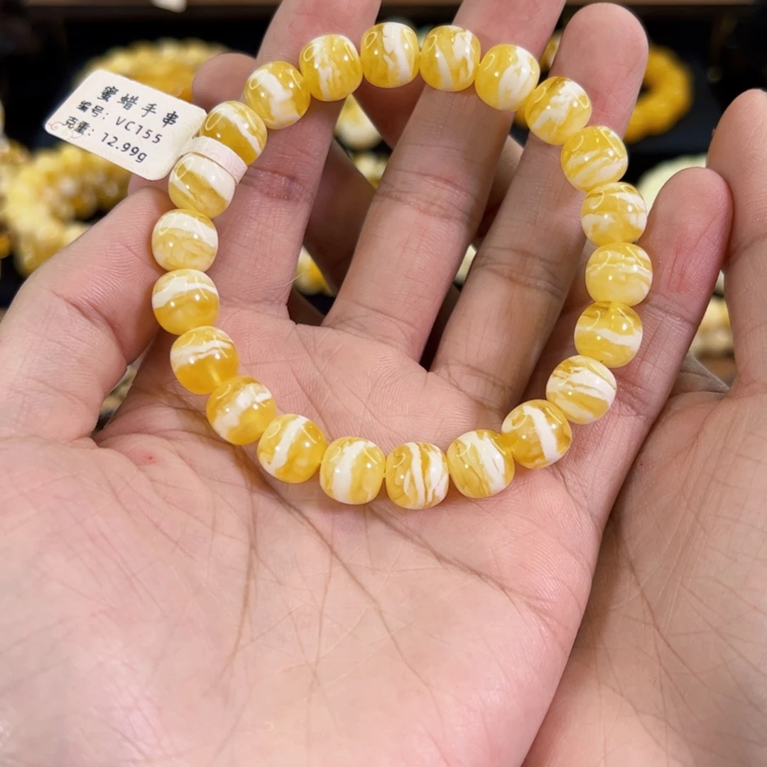 许***生琥珀未镶嵌裸石同料金瓷白虎皮纹老型手串