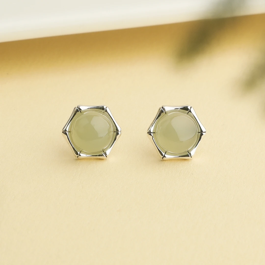 晴水和田玉竹节圆形耳钉高级感轻奢秋冬精致耳钉（约10.5mm）