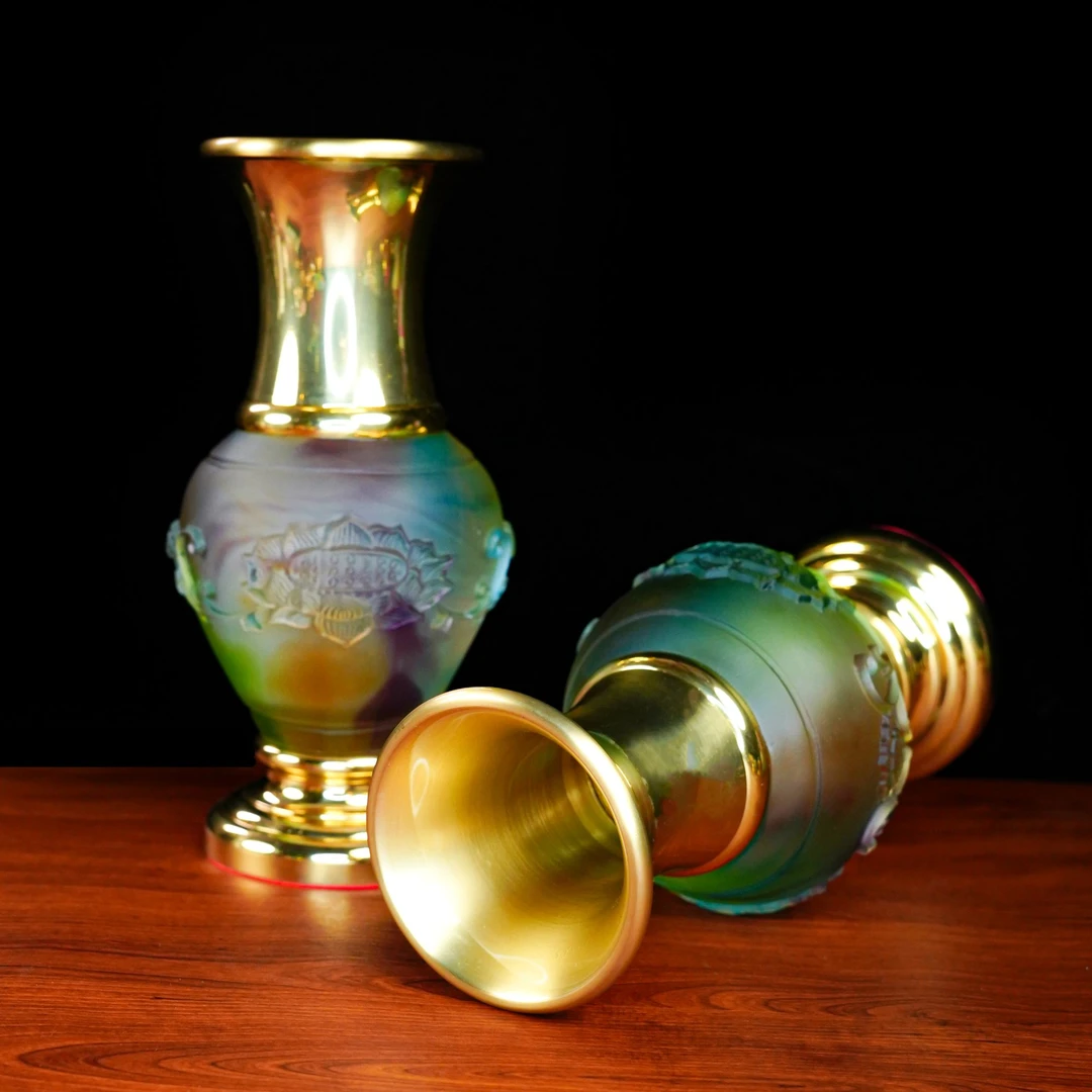 禅境宝阁《浮雕莲花花瓶》黄铜古法琉璃花瓶圣水瓶净水瓶插花供瓶