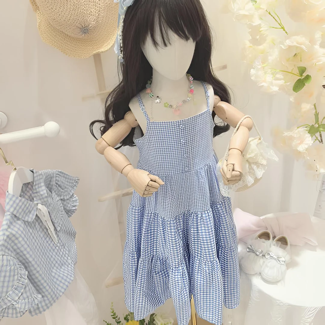 女童夏季新款2025格子吊带连衣裙