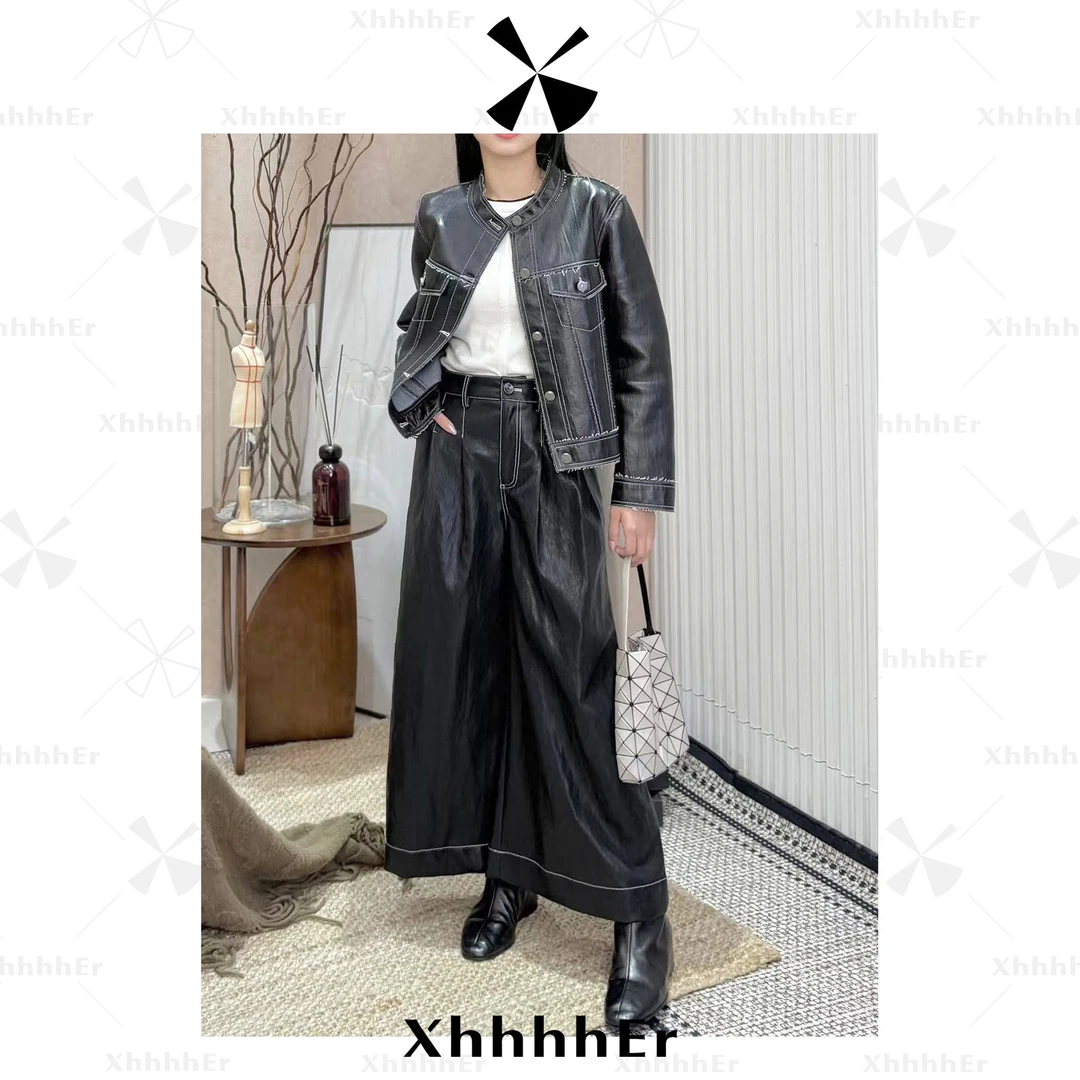 辛儿/小个子秋季黑色后松紧腰百搭复古显瘦九分皮裤XK2335