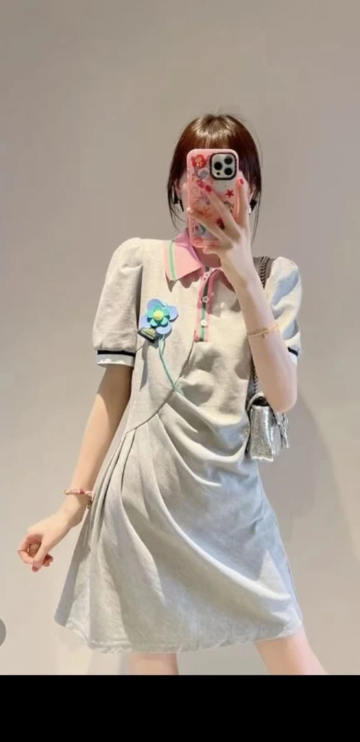 时尚翻领连衣裙夏季复古中长裙中长款半开领A字裙