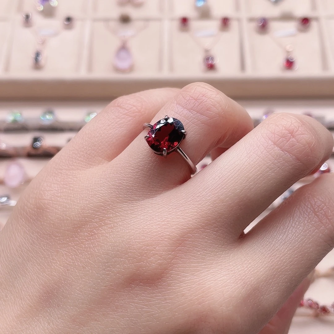 石榴石戒指银S925镶嵌戒指