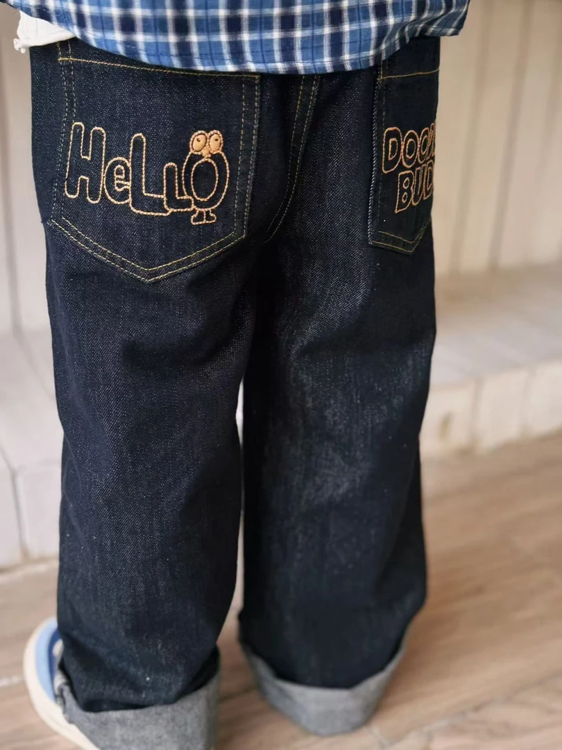 【一彩】定制 25秋冬 儿童喜暖HELLO直筒牛仔裤 可爱刺绣百搭偏大