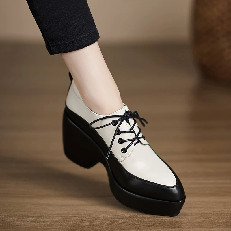 小个子增高9cm~粗跟防水台高跟鞋女士拼接系带深口单鞋厚底小皮鞋