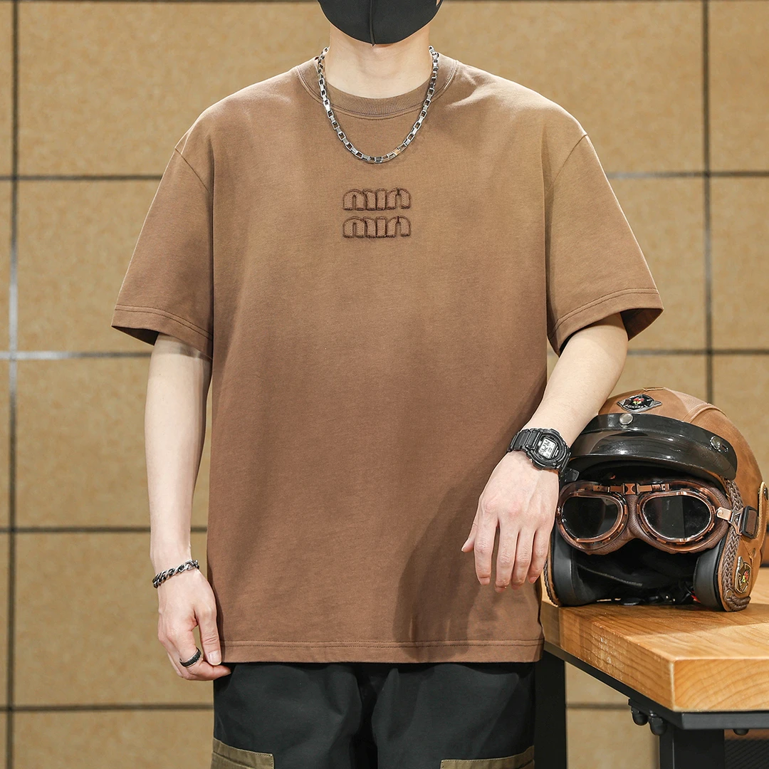 美式重磅290g圆领T恤男士短袖夏季复古渐变水洗潮流宽松休闲半袖