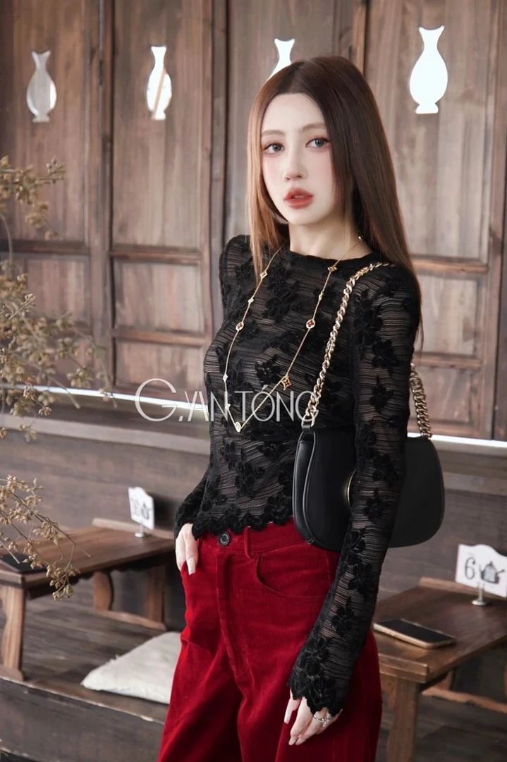 G. yantong/郭彦彤立体提花蕾丝长袖上衣修身显瘦秋款+阔腿休闲裤