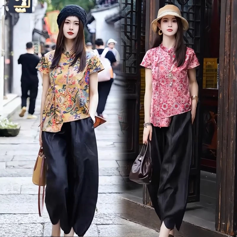 国风时尚套装女2025夏季新款新中式气质印花盘扣上衣阔腿裤两件套