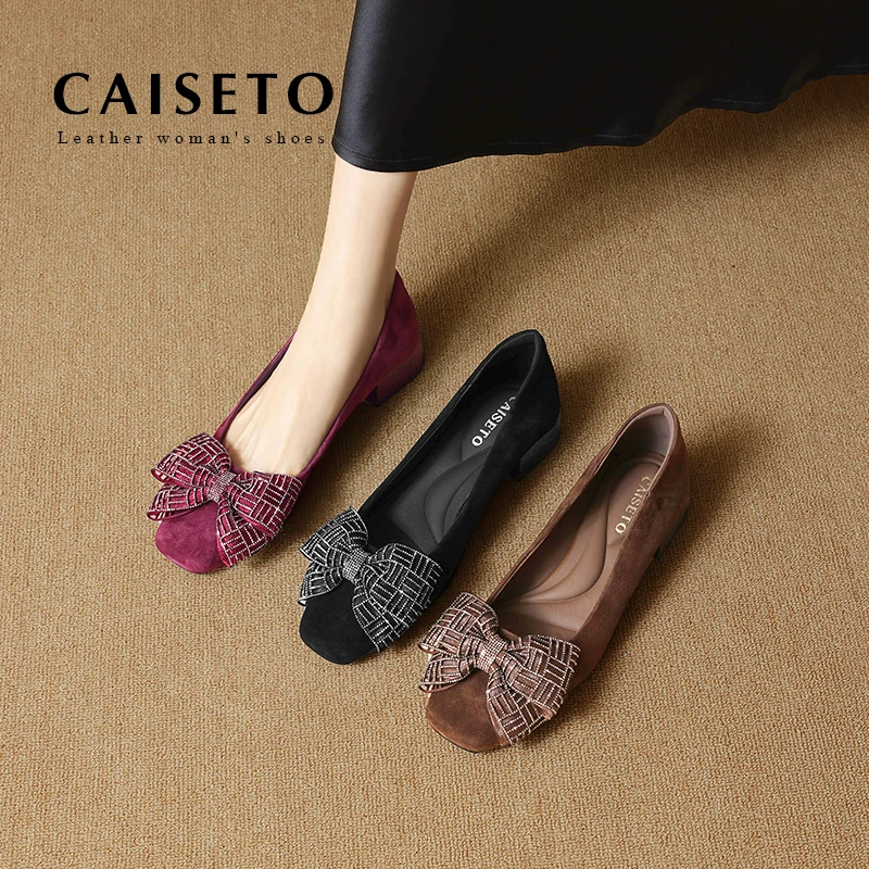 头层羊皮/3.5cm新款蝴蝶结方头粗跟单鞋25D475