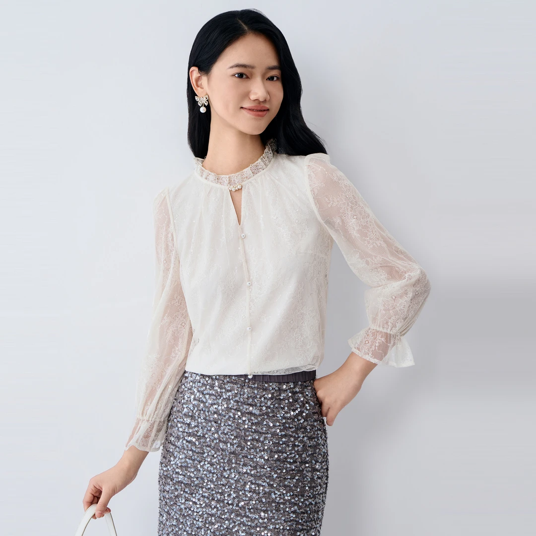 【双旦特惠】BuouBuou商场同款木耳边钉珠串珠蕾丝上衣女DLFA069