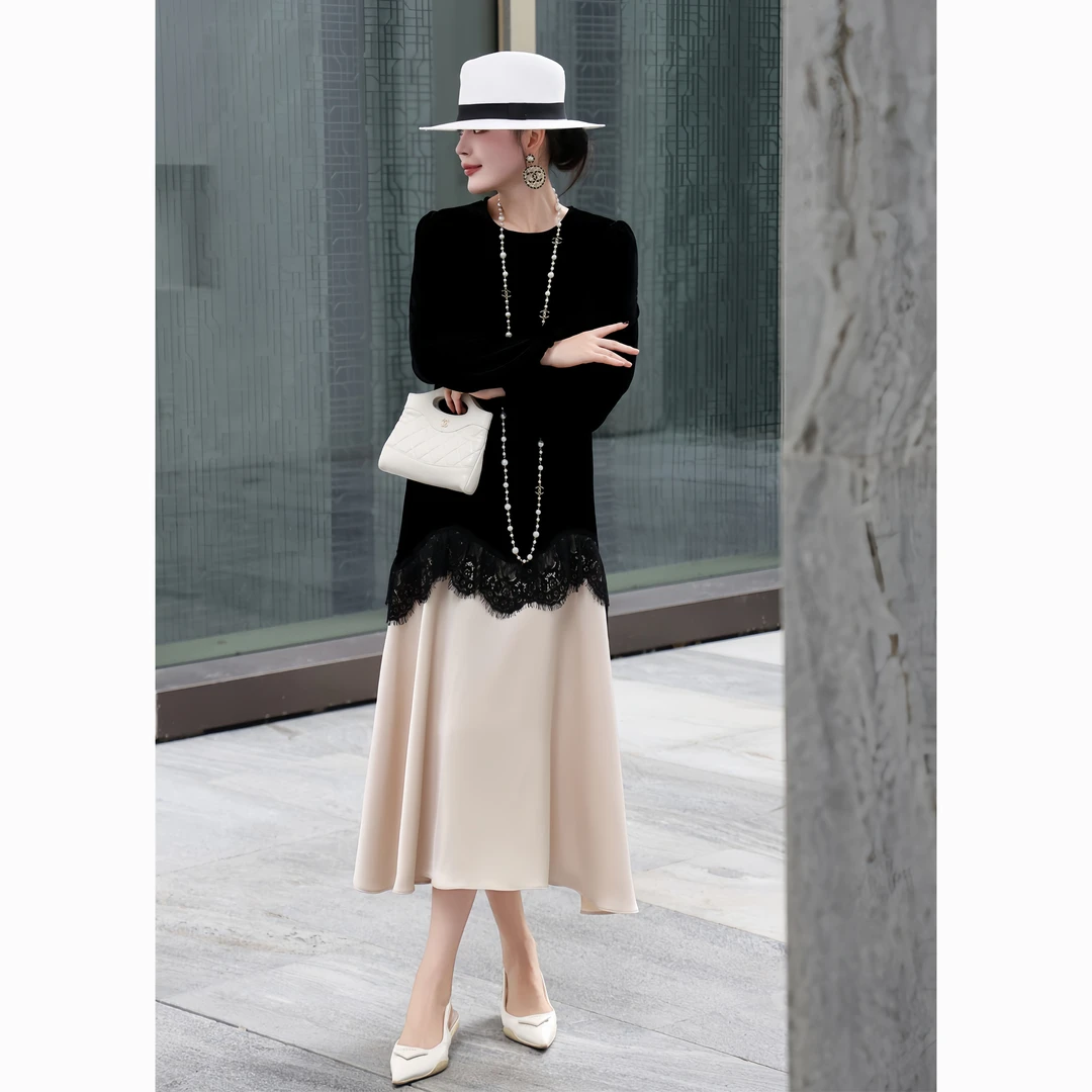 ZEROYK休闲风圆领长袖连衣裙设计感蕾丝拼接撞色宽松百搭气质长裙