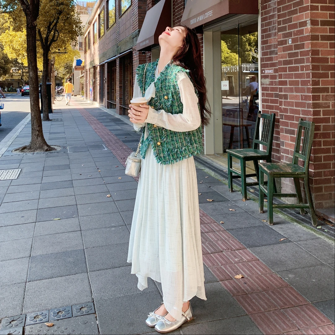 法式复古格纹小香风马甲套装裙女2025春秋绝美温柔风连衣裙两件套