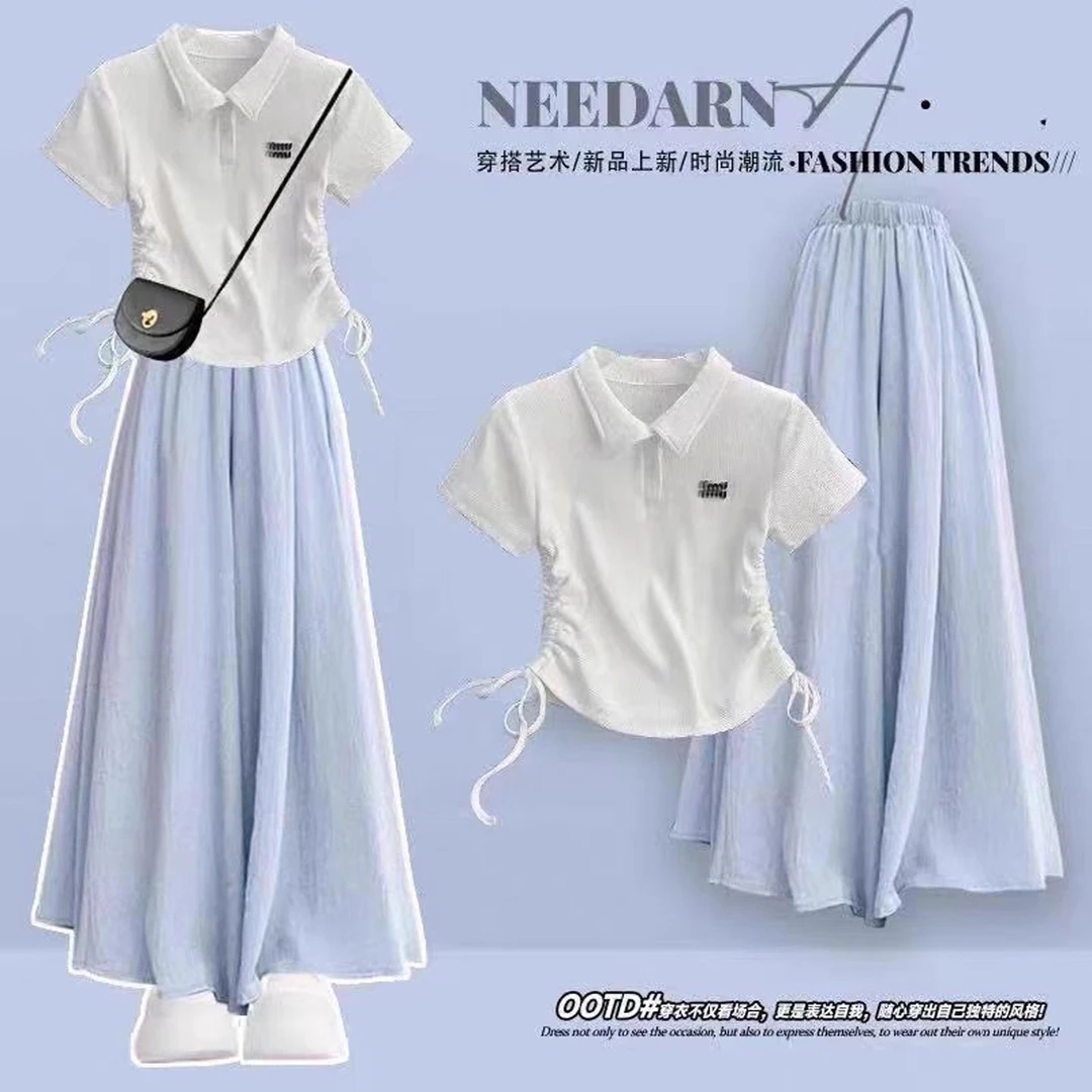 夏季中大童学院风短袖时尚套装少女初中高中学生短袖T恤阔腿裙裤