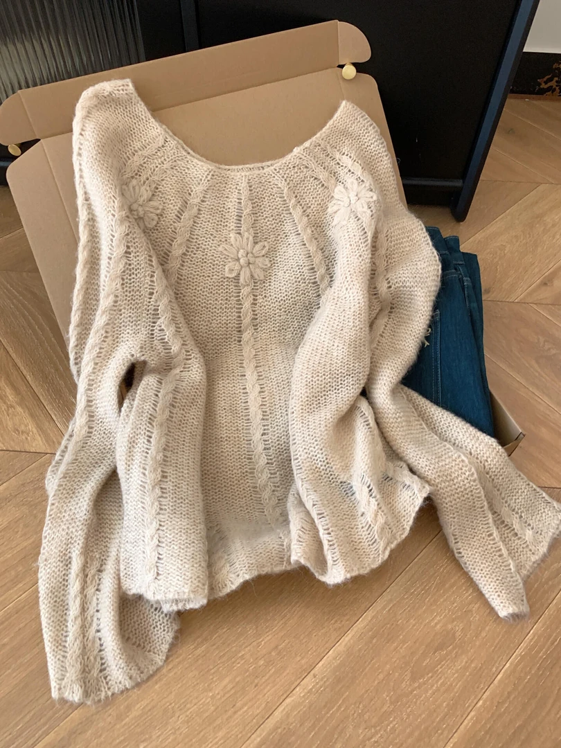 设计感镂空立体花朵长袖套头针织上衣女2025早秋新款韩系流行穿搭