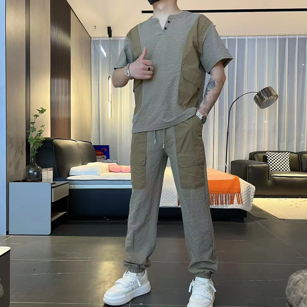 夏季潮牌气泡棉拼接圆领休闲套装男户外百搭工装风短袖情侣套装