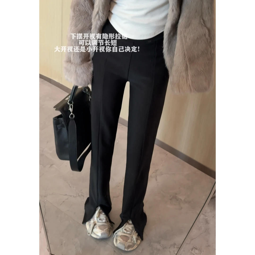零一定制 拉腿神裤! 开衩带拉链黑色显瘦微喇裤 G52