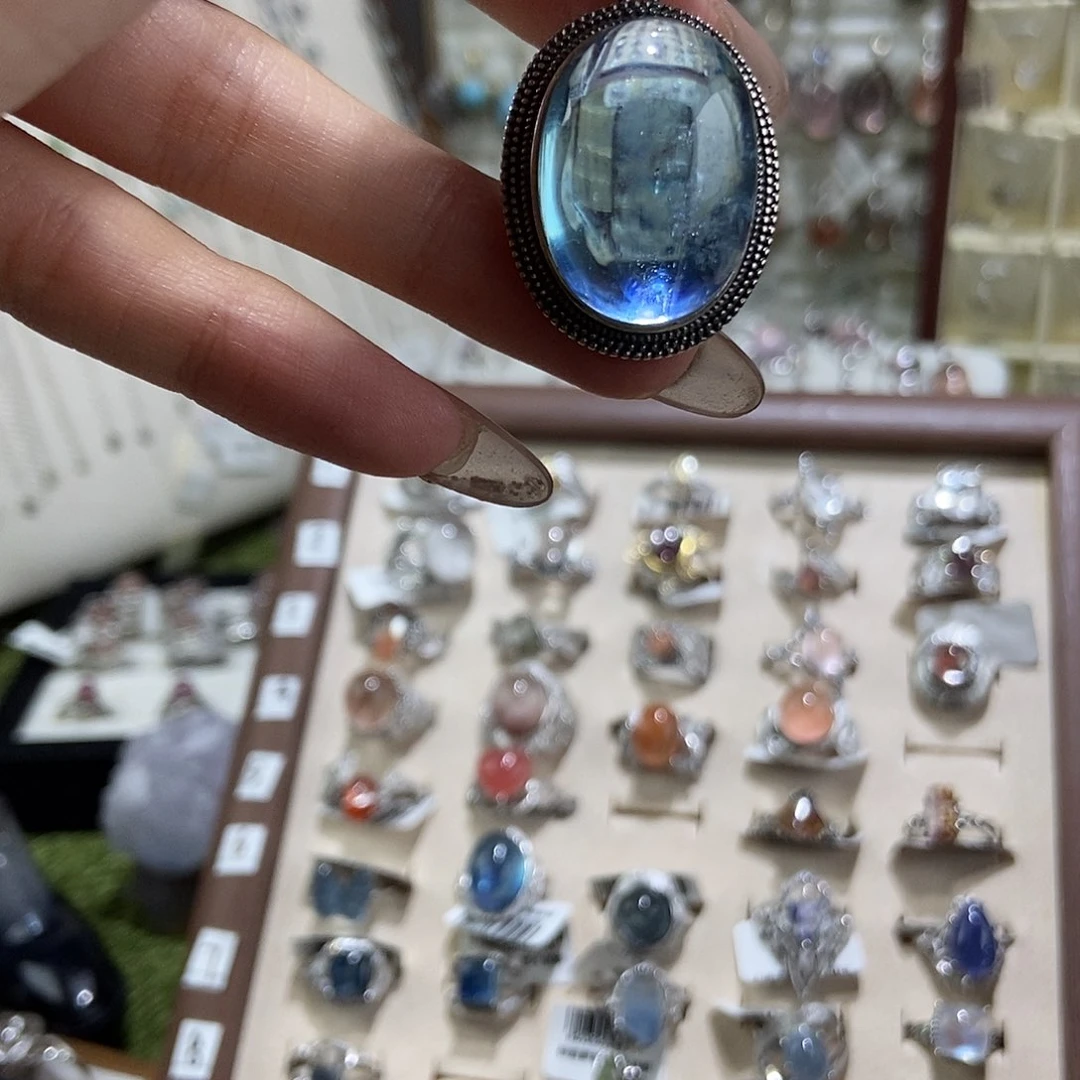 流***文烟晶戒指银S925镶嵌海蓝宝吊坠冰川蓝