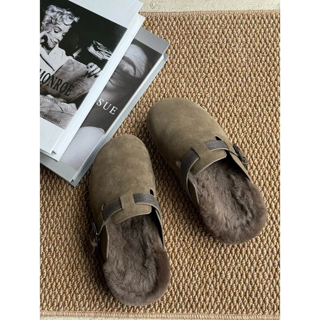 JESSICA WU暖灰褐麂皮绒面蓬松毛绒内里金属链饰勃肯鞋2599W15002