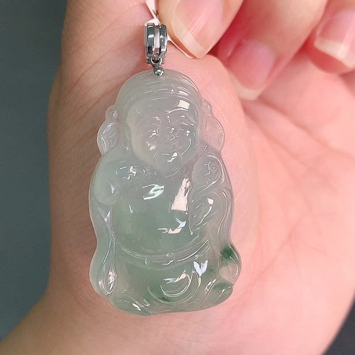 翡翠18K金镶嵌颈饰冰晴飘绿财神爷37-24-6