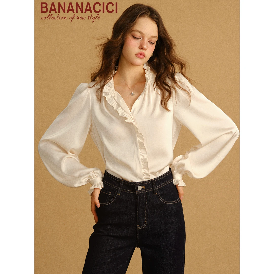 BANANA CICI2025年冬季新款法式复古浪漫木耳边质感缎面长袖衬衫