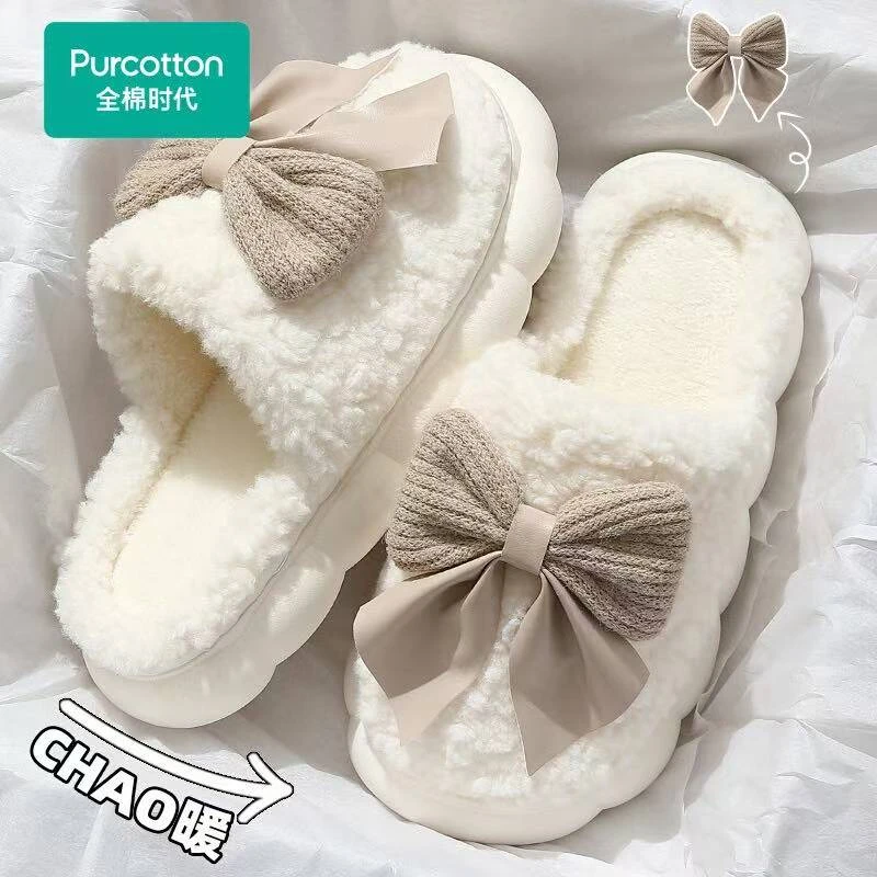 蝴蝶结棉拖鞋女士厚底超软女秋冬季2024新款室内居家防滑拖鞋冬天