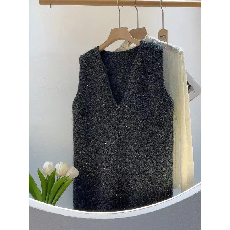 H229长款星河针织马甲背心女春秋宽松外穿马夹毛衣坎肩潮