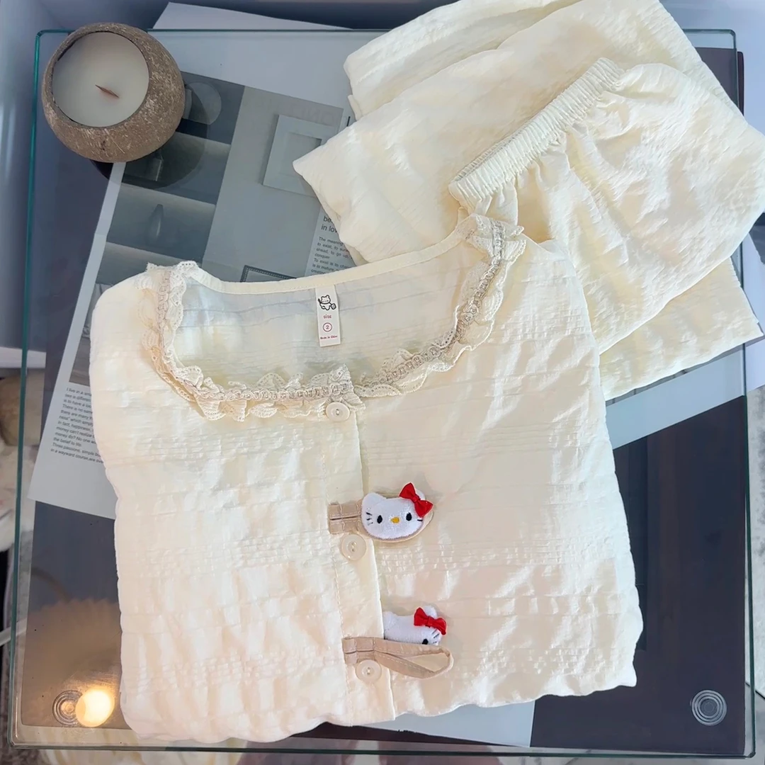 带胸垫KT猫睡衣女款春秋夏季云朵棉长袖长裤套装可爱薄款家居服