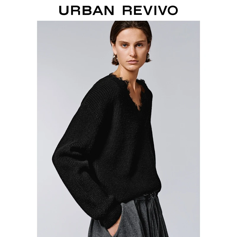 UR2026春季新款女装时尚气质V领拼接蕾丝针织衫UWM950141